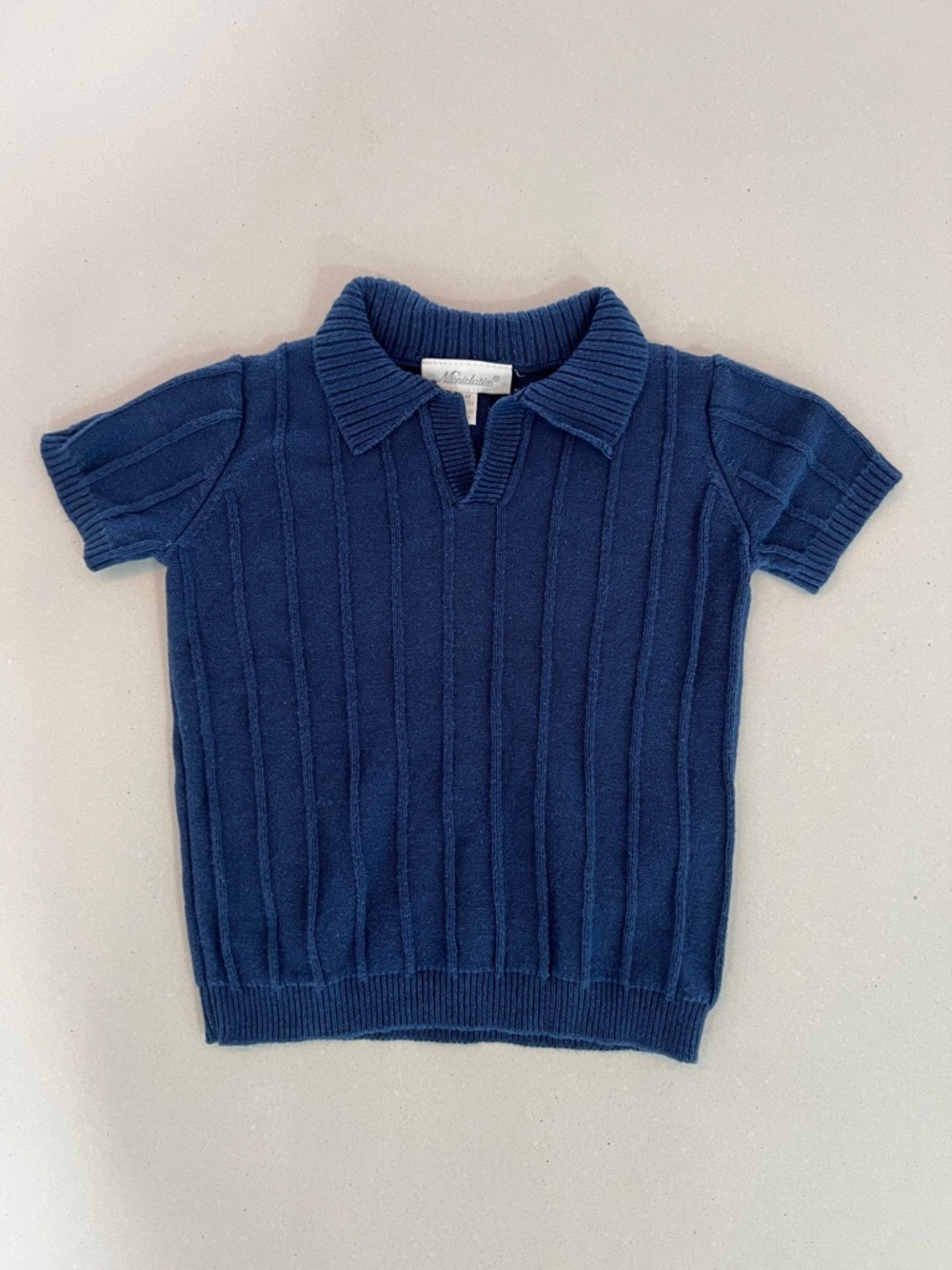 Miniclasix Short-Sleeve Ribbed Knit Polo Top in Navy - Size 12 Months